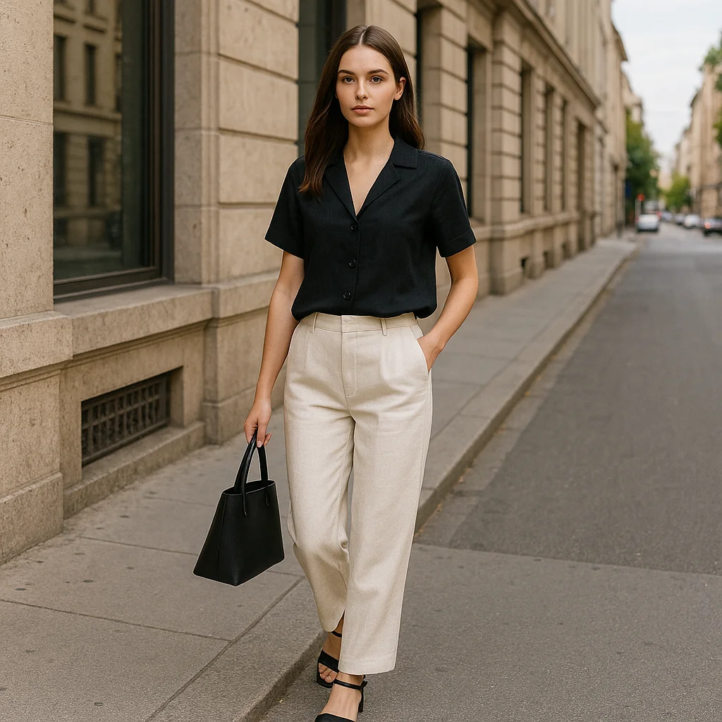 Camisa negro y pantalon largo de lino look oficina verano