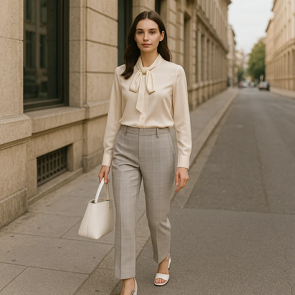 camisa de seda con lazo en el cuello y pantalon largo sastrero look oficina verano
